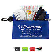 “CHIP” 14 Piece Golf Kit in Supersized Zipper Pouch Components inserted into Zipper Pouch with Plastic Carabiner Attachment